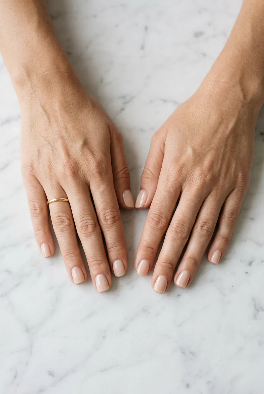 Overhead of woman's hands with short square nude nails resting open on white marble surface