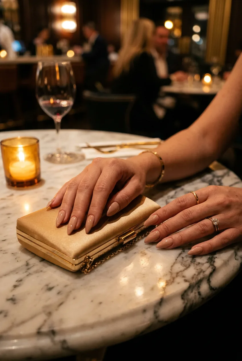 Two hands with neutral nude stiletto nails resting on a marble café table beside a gold satin purse in candlelight