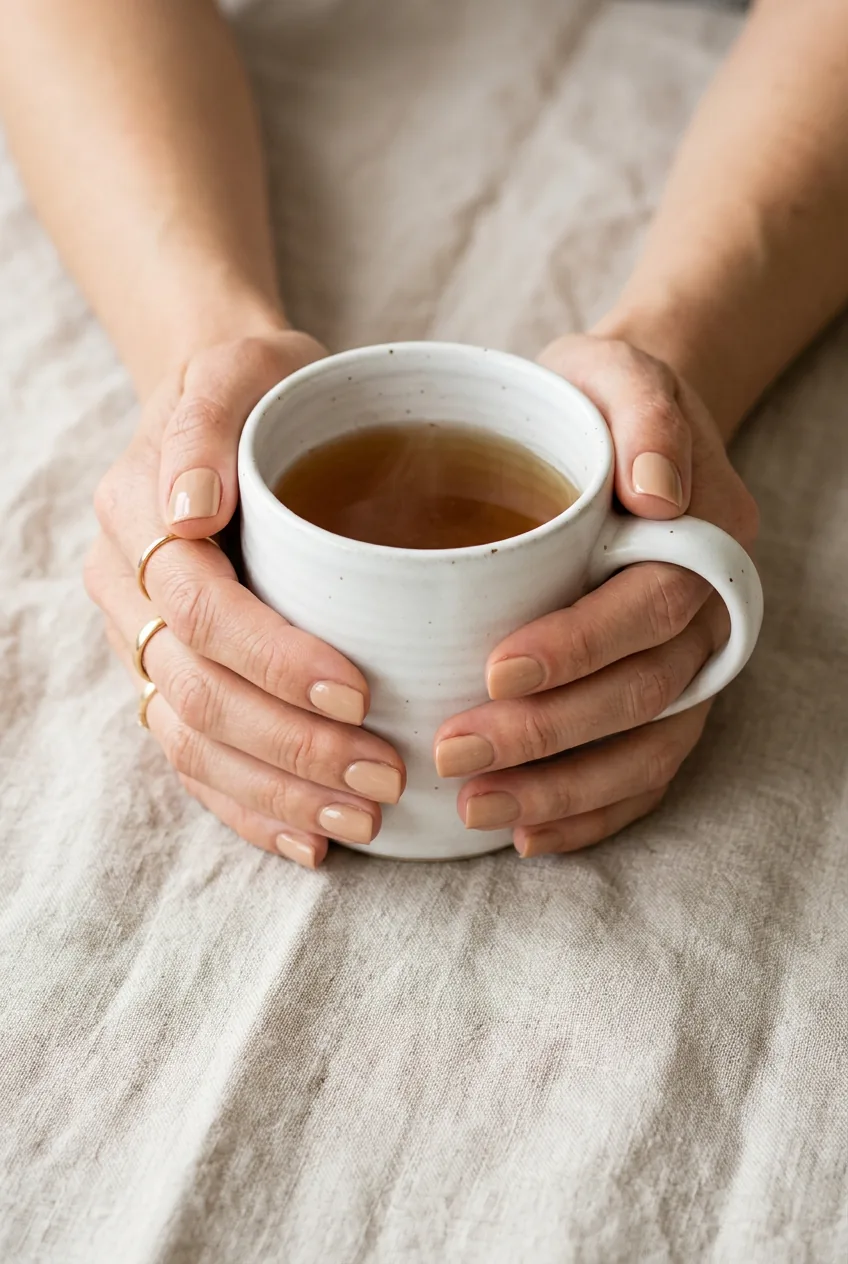Woman's hands with short square oat nude nails holding a white ceramic mug in soft morning light