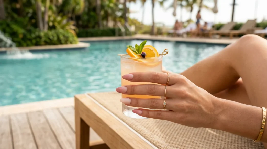 Manicured hand with dusty rose to cream ombre nails holding cocktail glass on sunlit pool deck