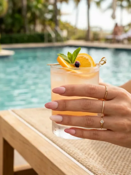 Manicured hand with dusty rose to cream ombre nails holding cocktail glass on sunlit pool deck