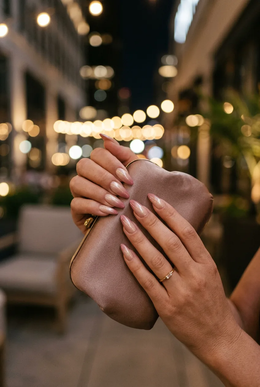 Two hands with champagne-to-rose ombre stiletto nails lightly clasped holding a satin clutch with city bokeh behind