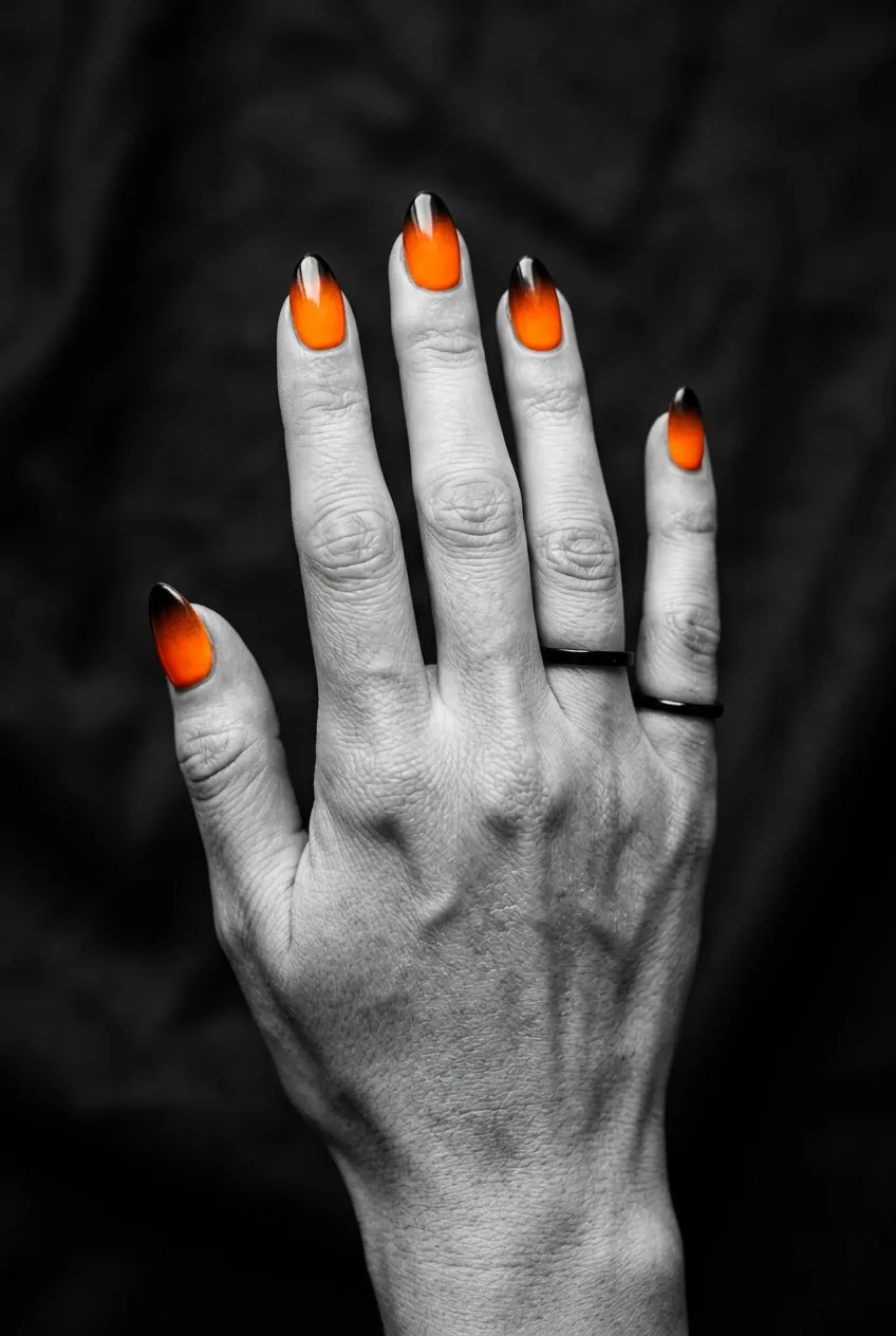 Close-up of outstretched fingers showing vivid orange-to-black gradient Halloween ombre nails with saturated color contrast