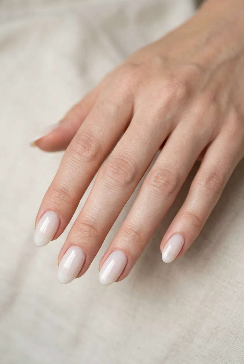Close-up of oval-shaped nails finished with a milky glaze polish showing gentle rounded tips