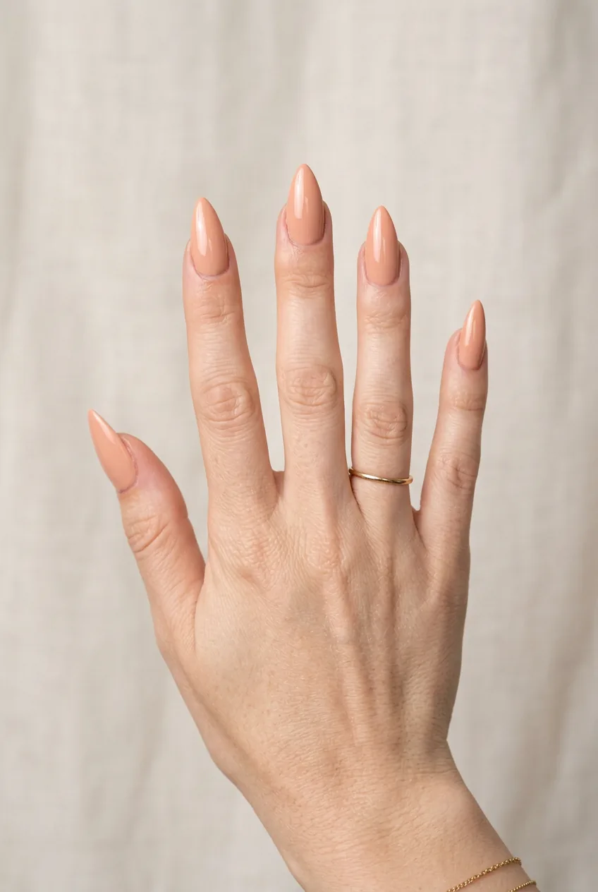 Clean stiletto nails in a barely-there warm peach nude gel polish under soft studio lighting