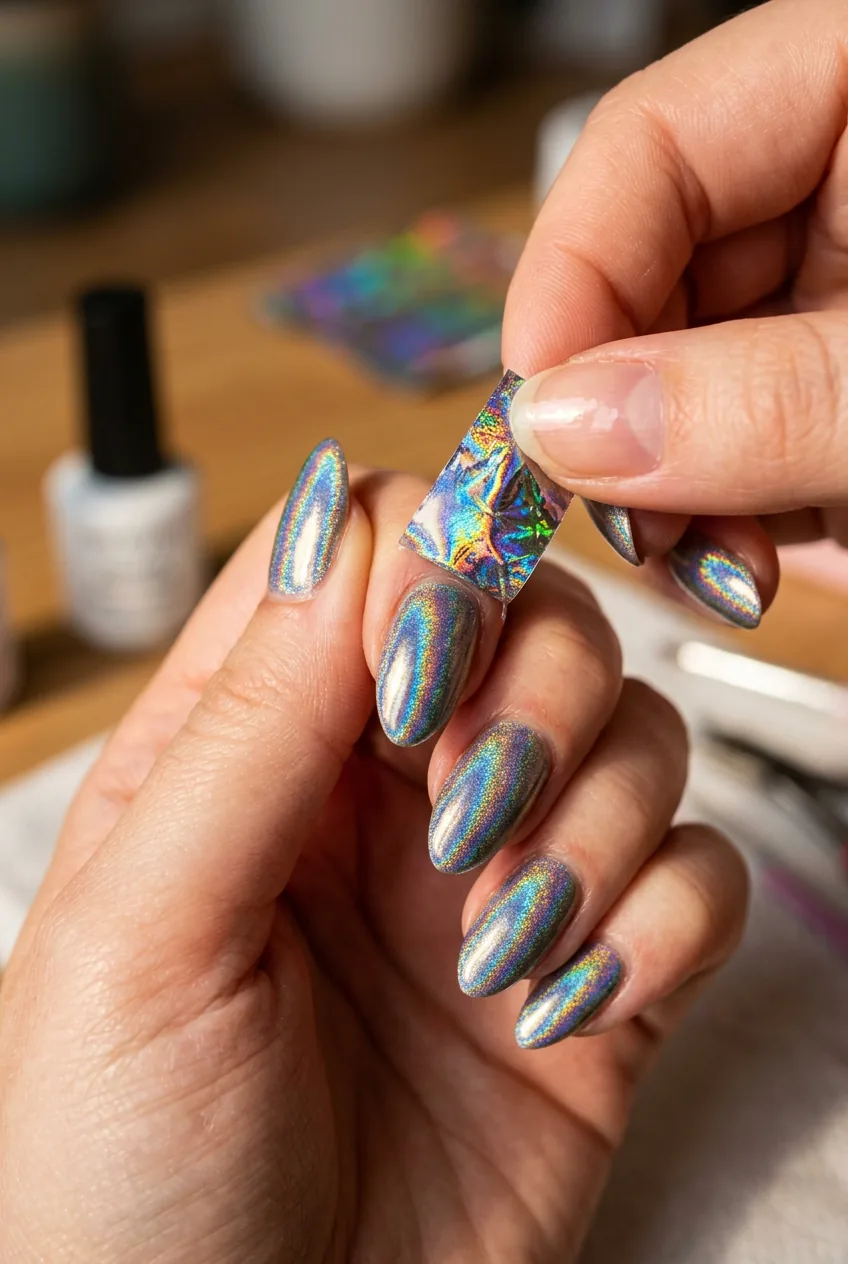 Holographic foil being peeled away revealing perfect mirror-like transfer on fingernail