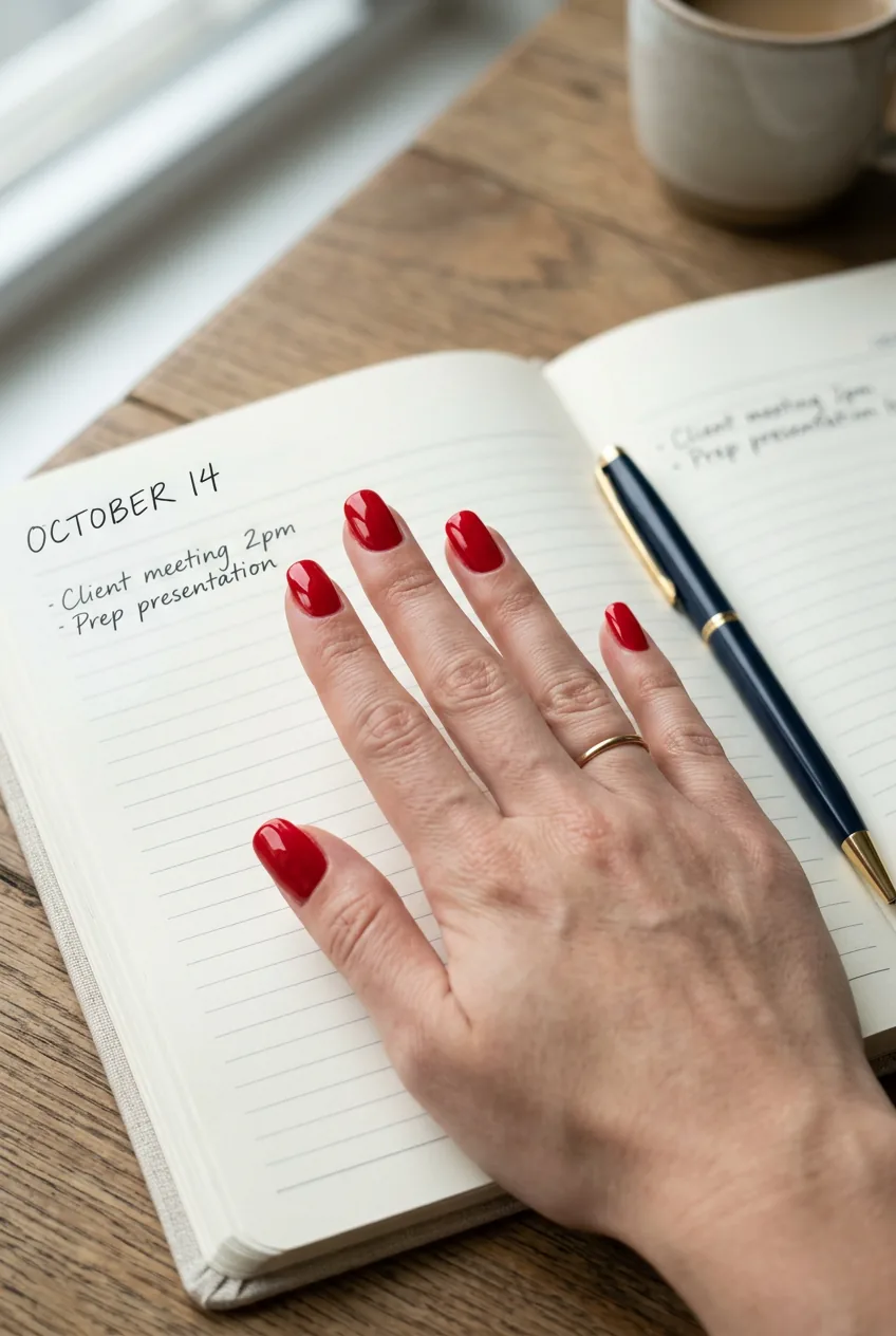 Close-up of a woman's hand with a classic red crème manicure resting on an open planner with a pen nearby