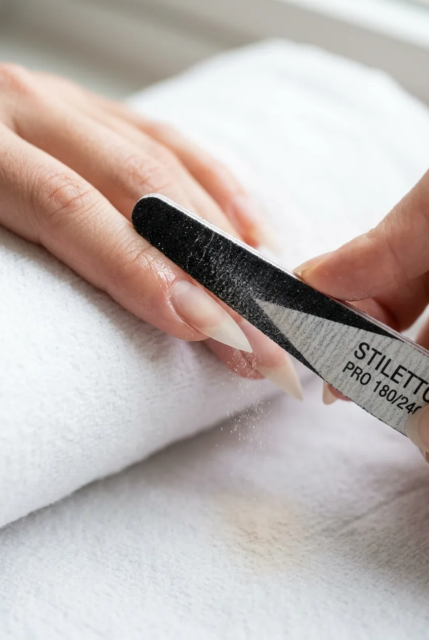 Nail file held parallel to nail surface refining the very tip of a stiletto into a sharp point with fine dust visible