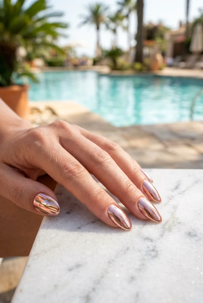 Five rose gold chrome nails fanned on white marble surface reflecting bright midday sunlight poolside
