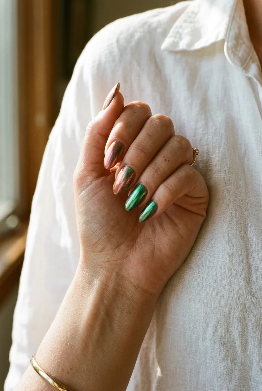 Woman's hand with rose-gold-to-green duochrome nails held against a white linen shirt in afternoon sunlight