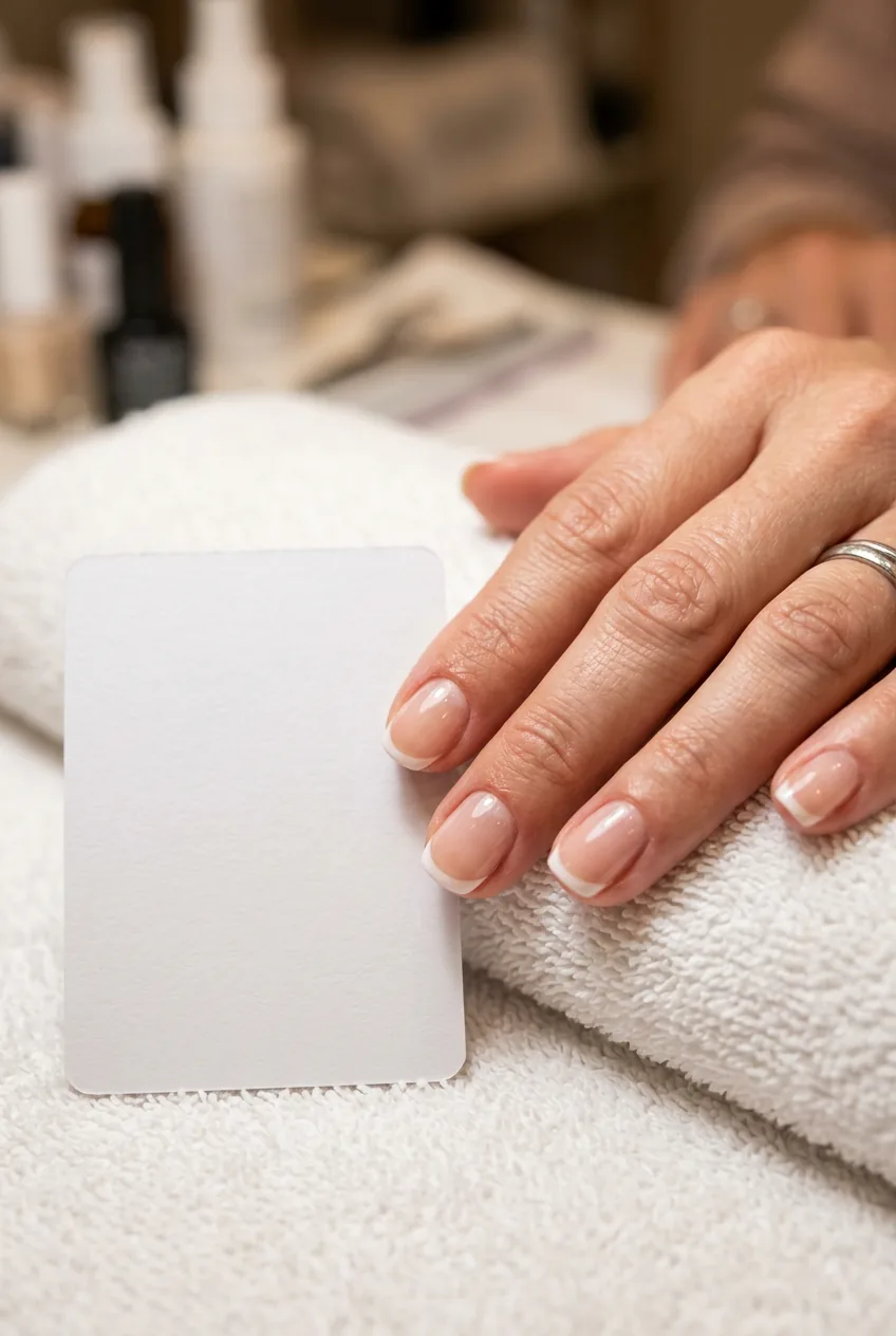 Extreme close-up of woman's short natural nails with round tip shape and small white free edge on white salon towel