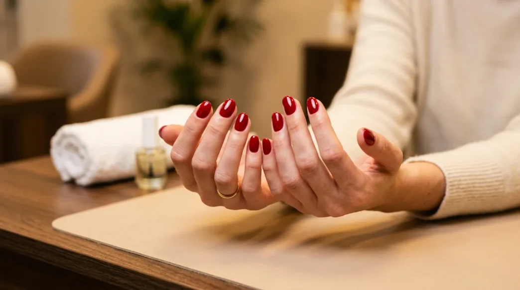 Woman's hands fanned on salon table showing ten freshly finished round nails in classic glossy red gel, warm lighting