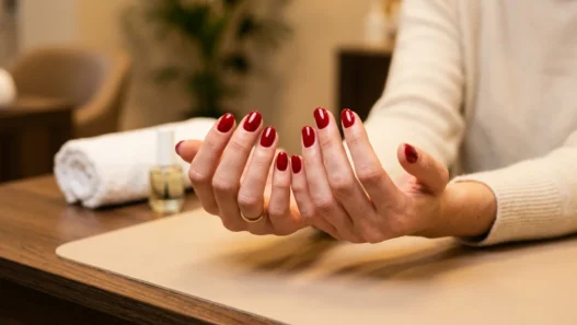 Woman's hands fanned on salon table showing ten freshly finished round nails in classic glossy red gel, warm lighting