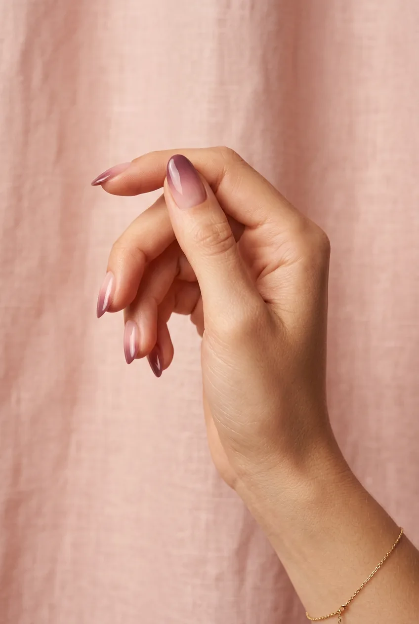 Side profile of hand with seamless salon gradient mauve to bare pink nails against blush linen