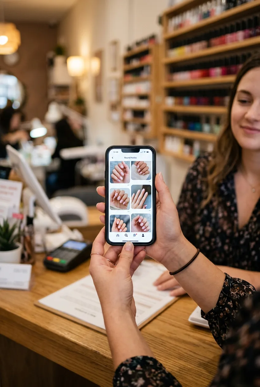 Woman at salon reception holding phone showing Pinterest reference image of round nail shapes on screen