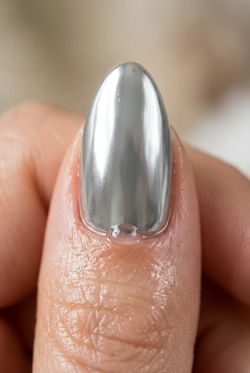 Close-up of a completed chrome nail with a drop of cuticle oil glistening at the nail edge under directional lighting