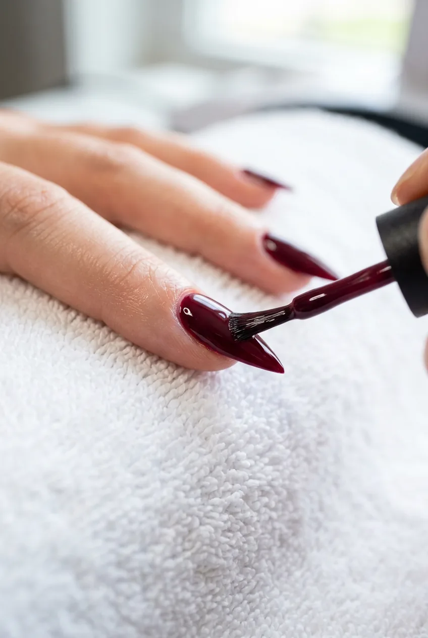 Nail brush applying deep burgundy gel polish perpendicular to the sharp tip of a perfectly shaped stiletto nail