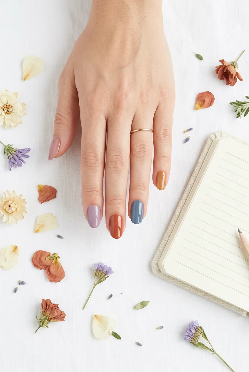 Overhead flat-lay of four seasonal nail colour swatches in lilac, terracotta, slate, and caramel tones