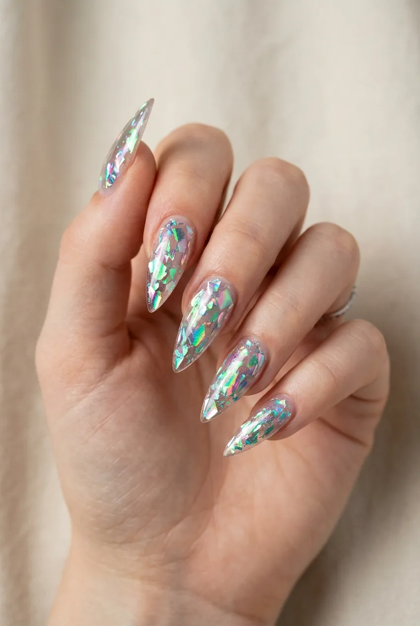 Stiletto nails covered in iridescent shattered glass holographic cellophane pieces set in clear gel