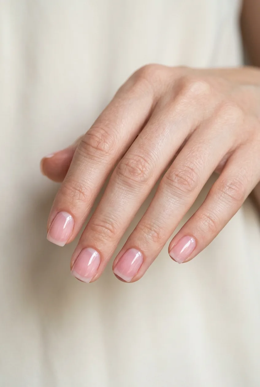 Woman's hand showing short square nails with sheer soft pink jelly finish overlay in elegant studio close-up