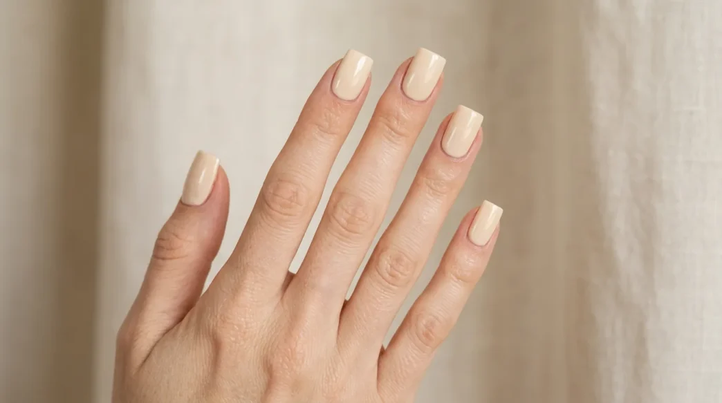 Woman's hand with short square nails in warm cream polish, fingers fanned showing crisp flat tip edges in studio lighting