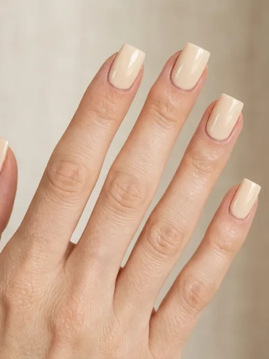 Woman's hand with short square nails in warm cream polish, fingers fanned showing crisp flat tip edges in studio lighting