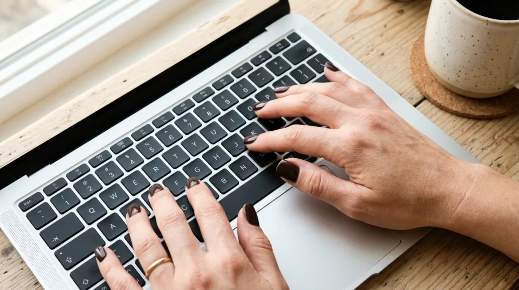 Close-up overhead of hands with short square espresso nails typing on laptop keyboard with coffee mug visible