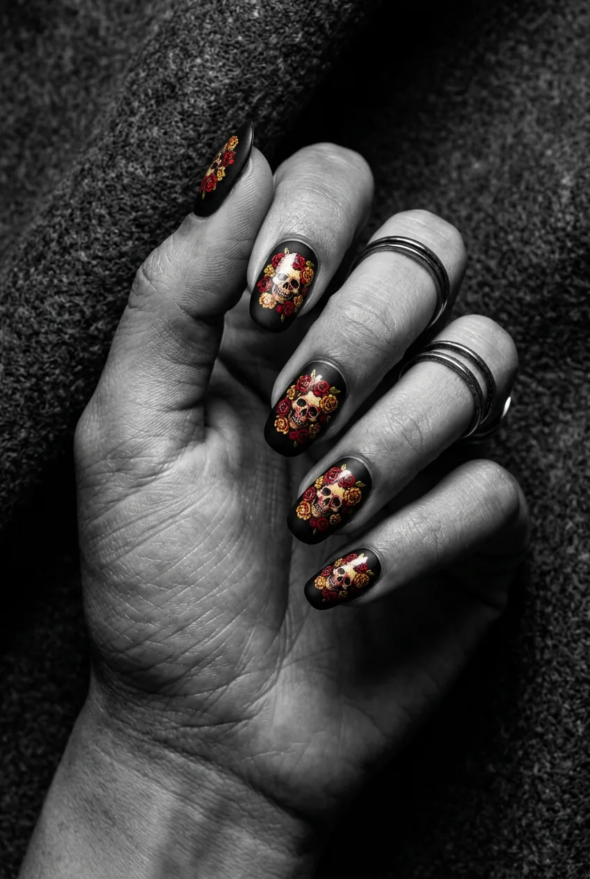 Angled close-up of black nails with freehand painted skull design covered in detailed roses and marigolds in red and gold