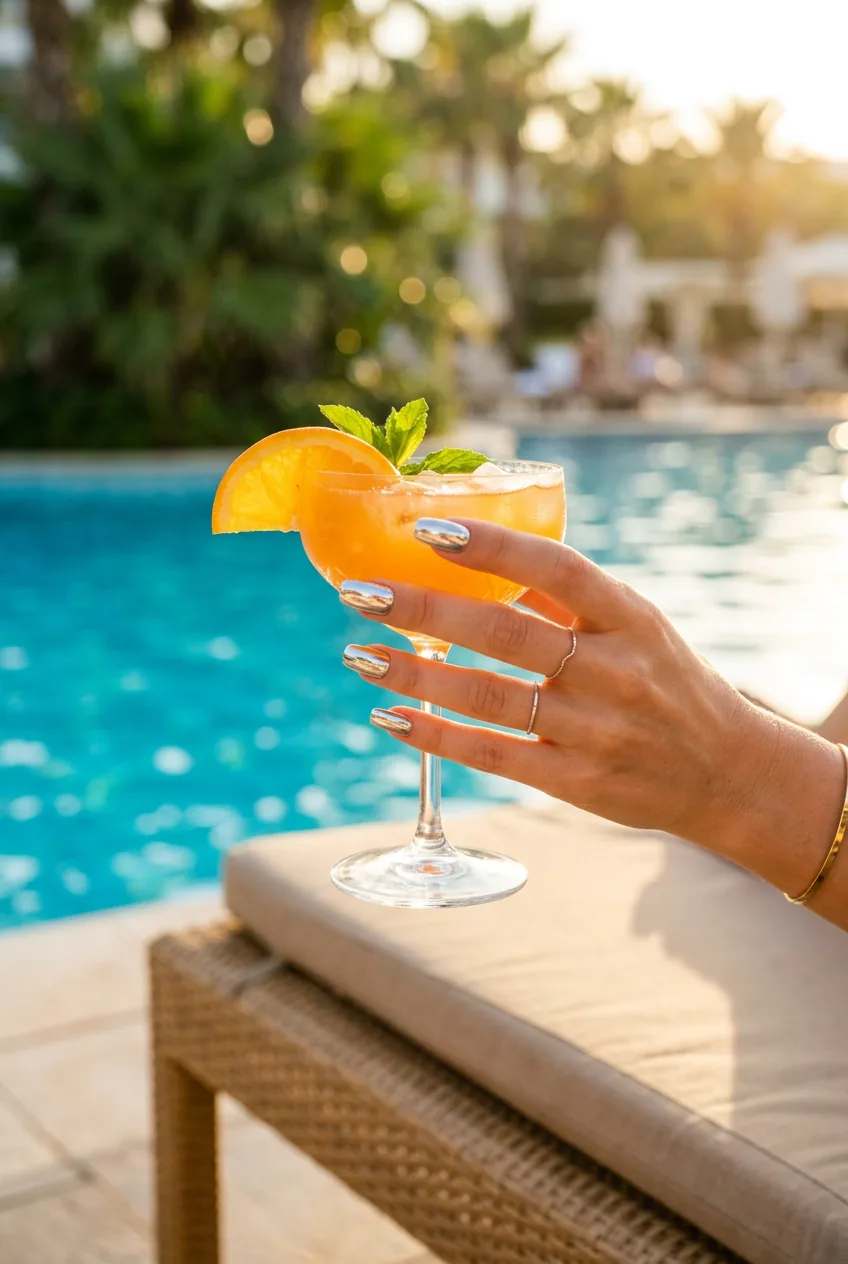 Squoval-shaped silver chrome nails holding a small cocktail glass at golden hour with pool water bokeh