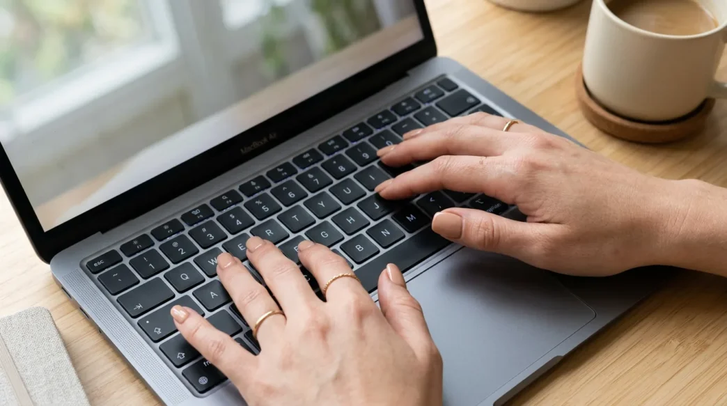 Close-up overhead of manicured hands with squoval nude nails typing on a laptop keyboard in soft window light