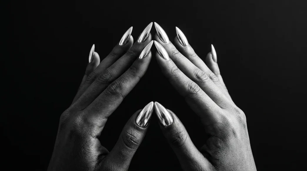 Two manicured hands with chrome silver stiletto nails pressed fingertip-to-fingertip against a matte black background under dramatic side lighting