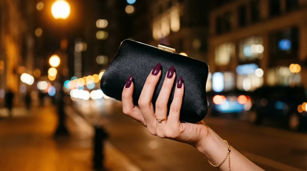 Close-up of manicured hand with deep plum stiletto nails holding black satin clutch under amber street-lamp light at night