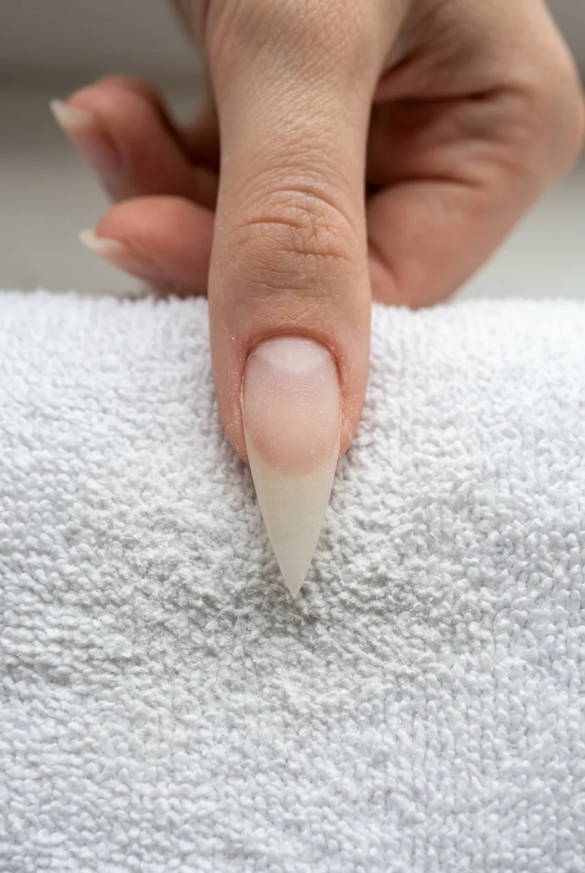 Overhead view of stiletto nail showing both symmetrical side walls tapered toward center apex with dust on white towel