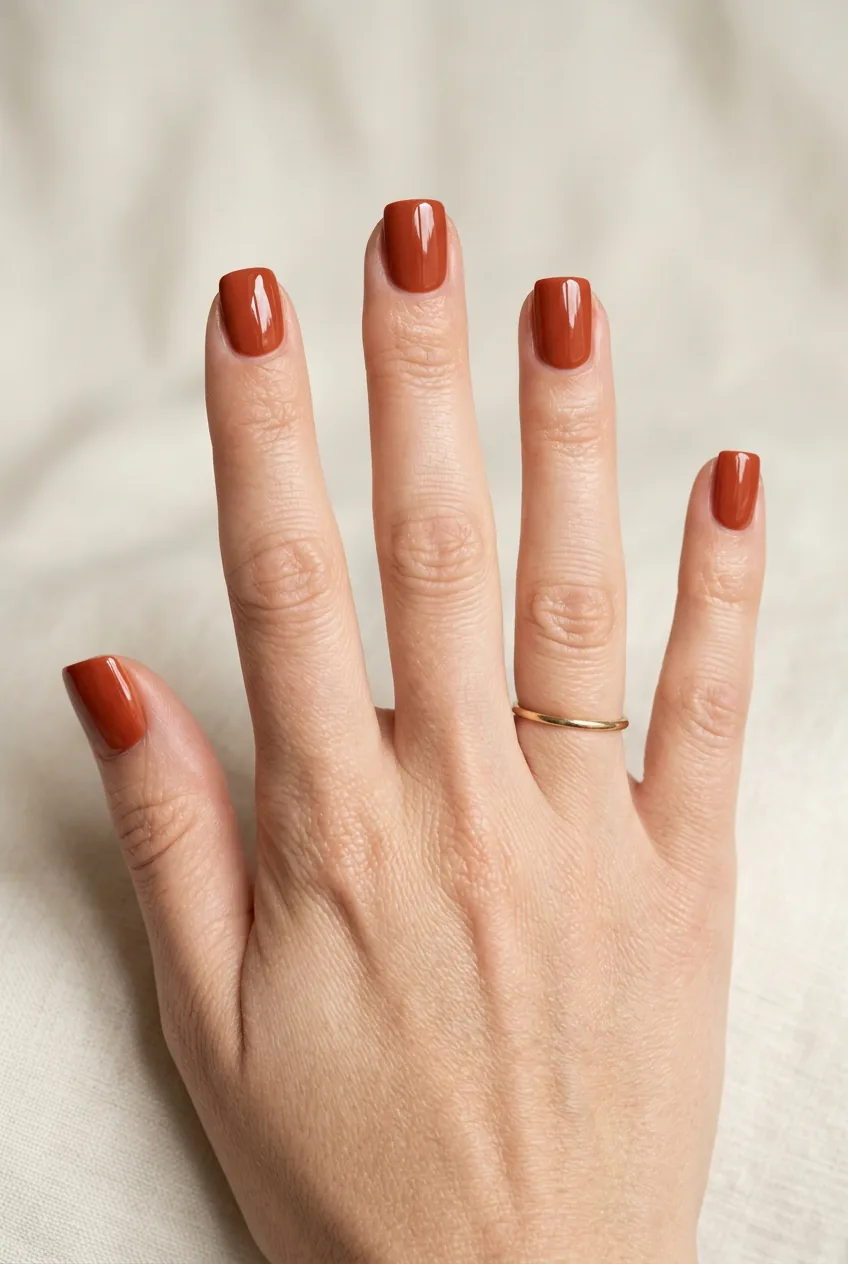 Close-up of woman's hand with short square nails painted in warm terracotta block color with glossy finish