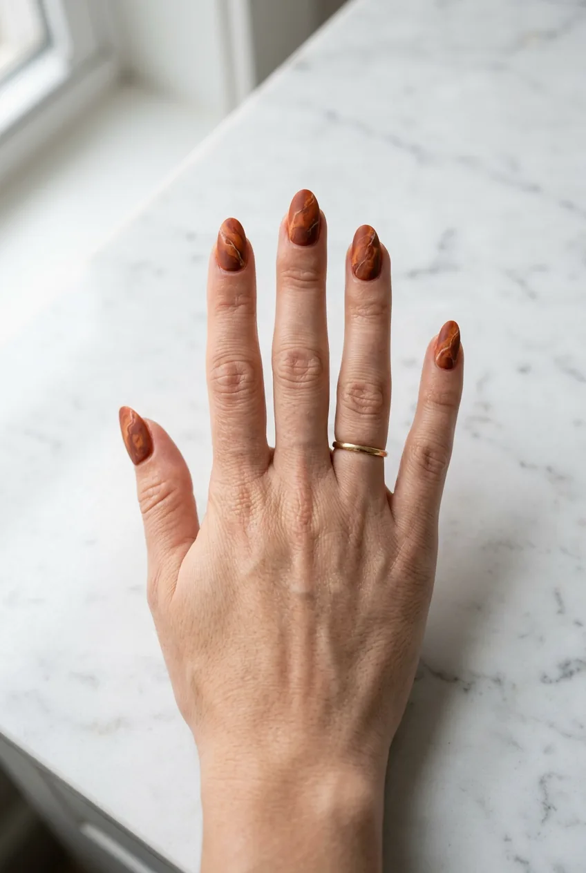 Hand on white marble counter with warm terracotta marble nails in matte finish in soft warm natural light
