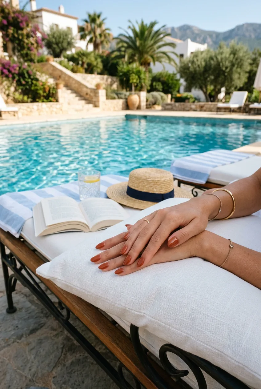 Glossy turquoise nail polish on elegant hands holding tropical cocktail during resort sunset