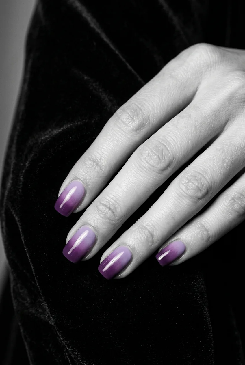 Close-up of nails showing a seamless tonal gradient blending from dusty lavender to deep violet under dramatic fashion editorial lighting