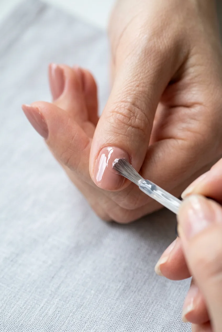 Close-up of a clear top coat brush mid-stroke over a rose beige dip powder nail catching the light in soft natural daylight