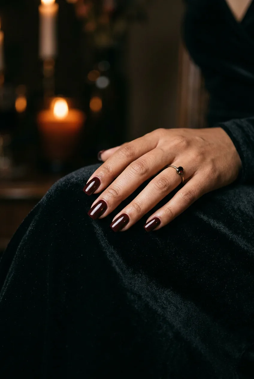 Close-up of dark vampy burgundy square nails resting against black velvet fabric in dim candlelight