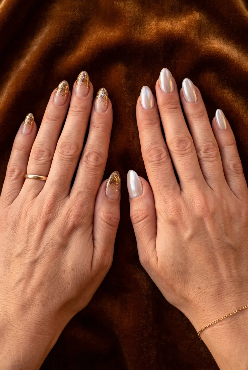 Two manicured hands side by side showing vintage glitter tips next to modern glazed chrome nails on velvet