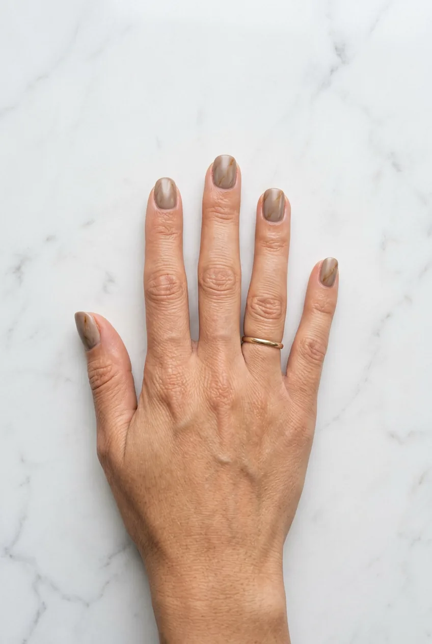 Overhead shot of hand showing warm taupe greige marble nails with amber veining in satin finish on white marble surface