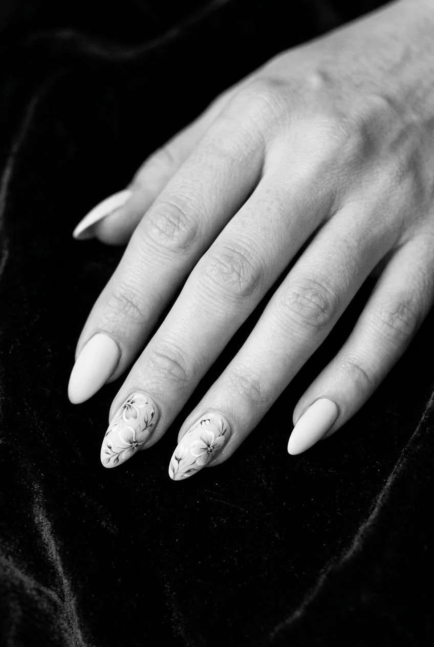 Almond to stiletto nails with two accent nails painted in soft blush watercolour florals and remaining nails in cream