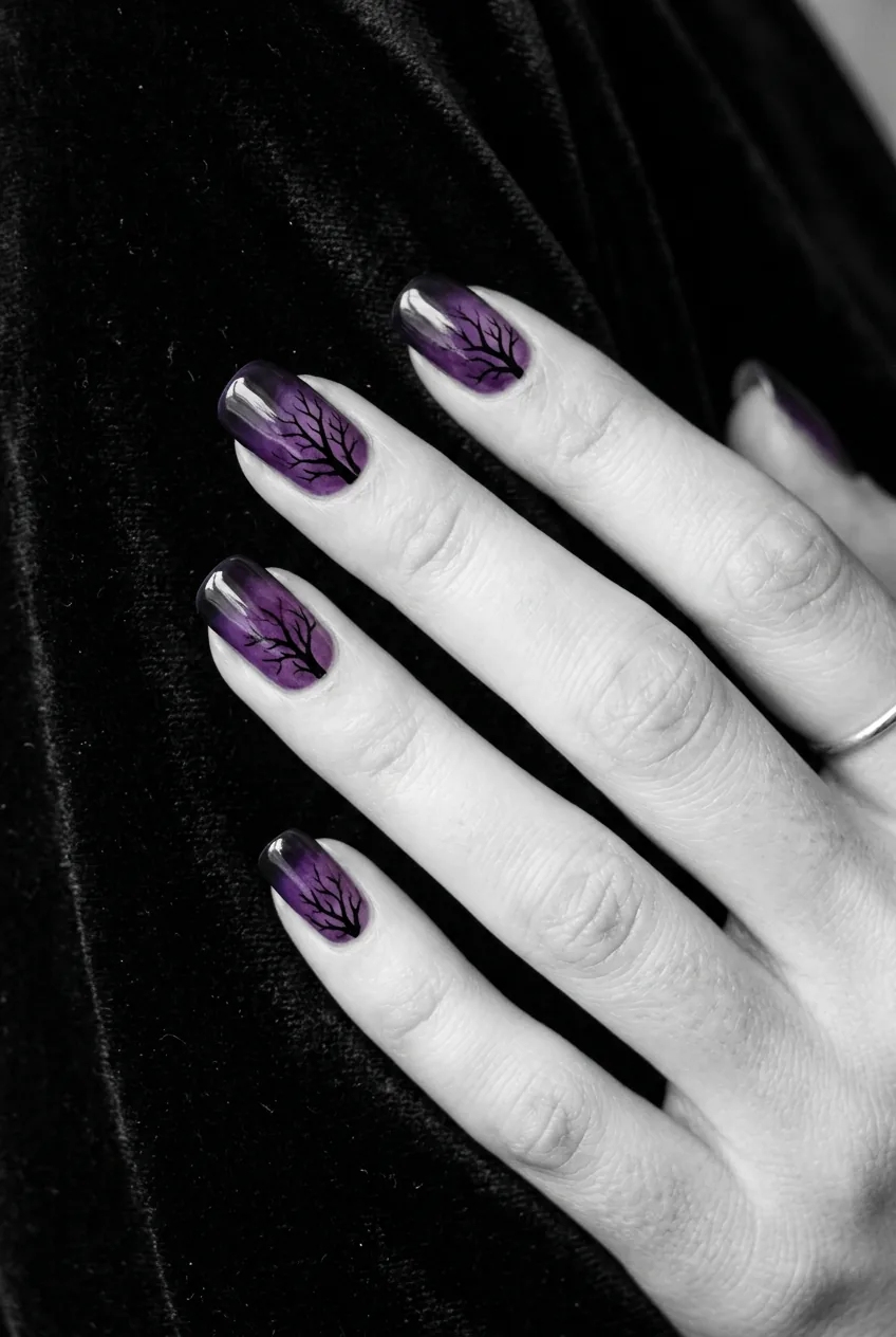 Hand showing deep purple-to-black watercolor gradient nails with fine black bare branch tree silhouettes near cuticles