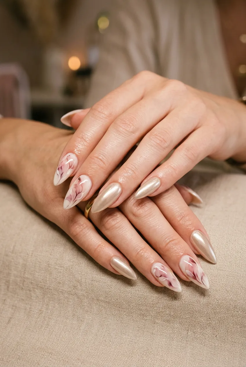 Both hands together showing mixed technique stiletto nails with watercolour freehand designs and chrome accents