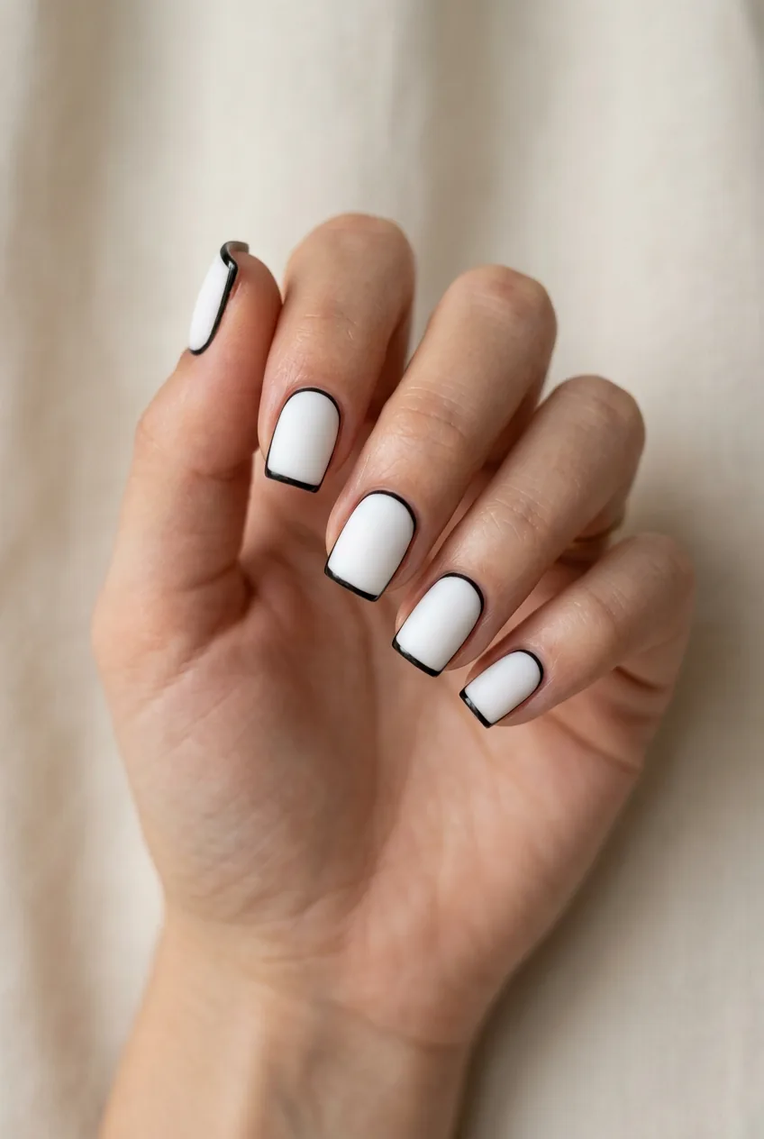 Close-up of short square nails with opaque white base and thin black tip line in reverse French style